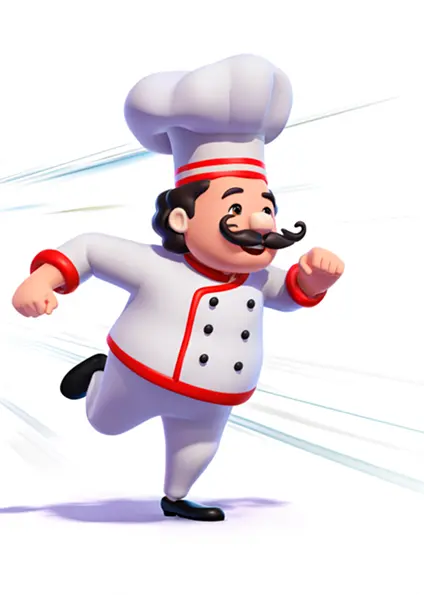 A high-resolution, smooth illustration of a cartoon chef character running with speed lines behind him, symbolizing fast-paced action in a game. The chef is depicted in a playful, cartoonish style, wearing a traditional chef's hat and uniform, with a determined expression on his face. The background is simple to keep the focus on the character.