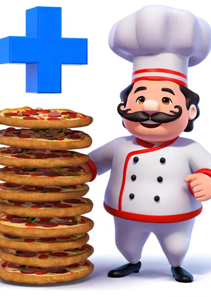A high-resolution, smooth illustration of the same cartoon chef character standing next to a large pizza, with a playful expression. The chef is depicted in a cartoonish style, wearing a traditional chef's hat and uniform, with the pizza prominently displayed beside him. The background is simple to keep the focus on the character and the pizza.