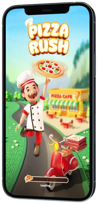 Colorful mobile game screen showing a cheerful chef tossing a pizza, with the title 'Pizza Rush' and a pizza café in the background, while a red scooter with pizza boxes waits on the road.